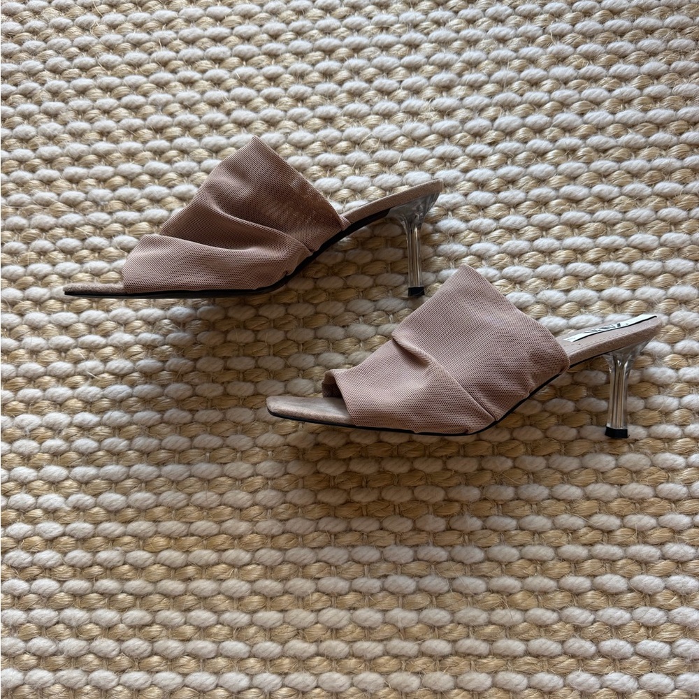 Zara Blush Ruched Open-Toe Metallic Heel Mules